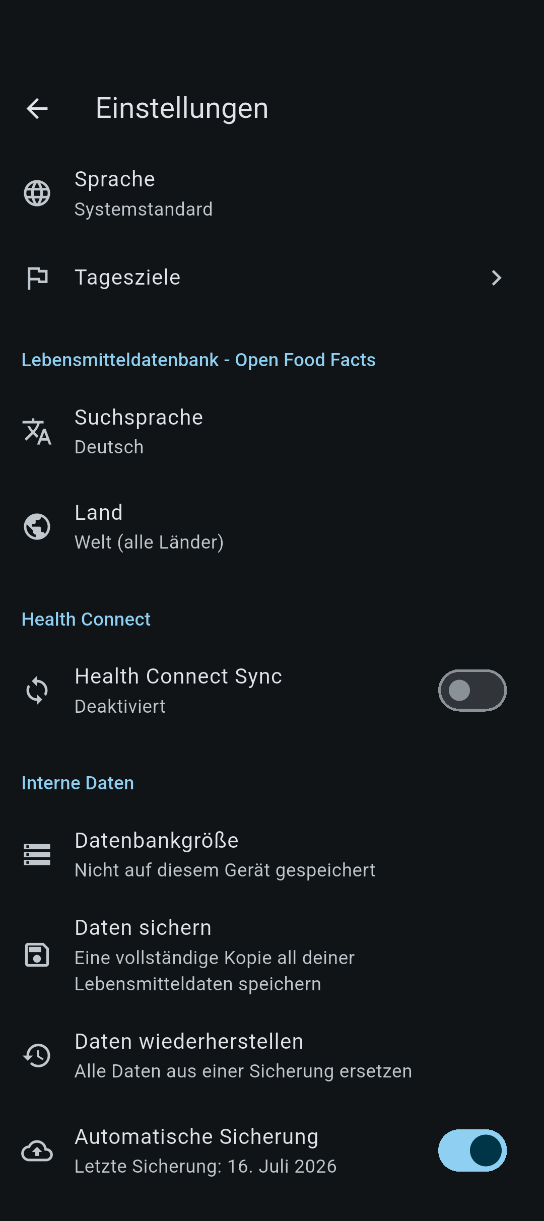Calority Einstellungen: Sprache, Tagesziele, Open Food Facts und Health-Connect-Optionen