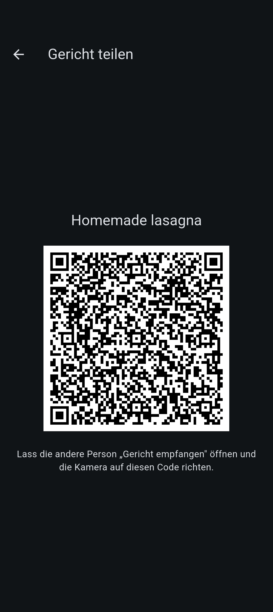 Calority-Teilen-Ansicht: ein selbst gekochtes Gericht als QR-Code, den ein anderes Handy scannen kann