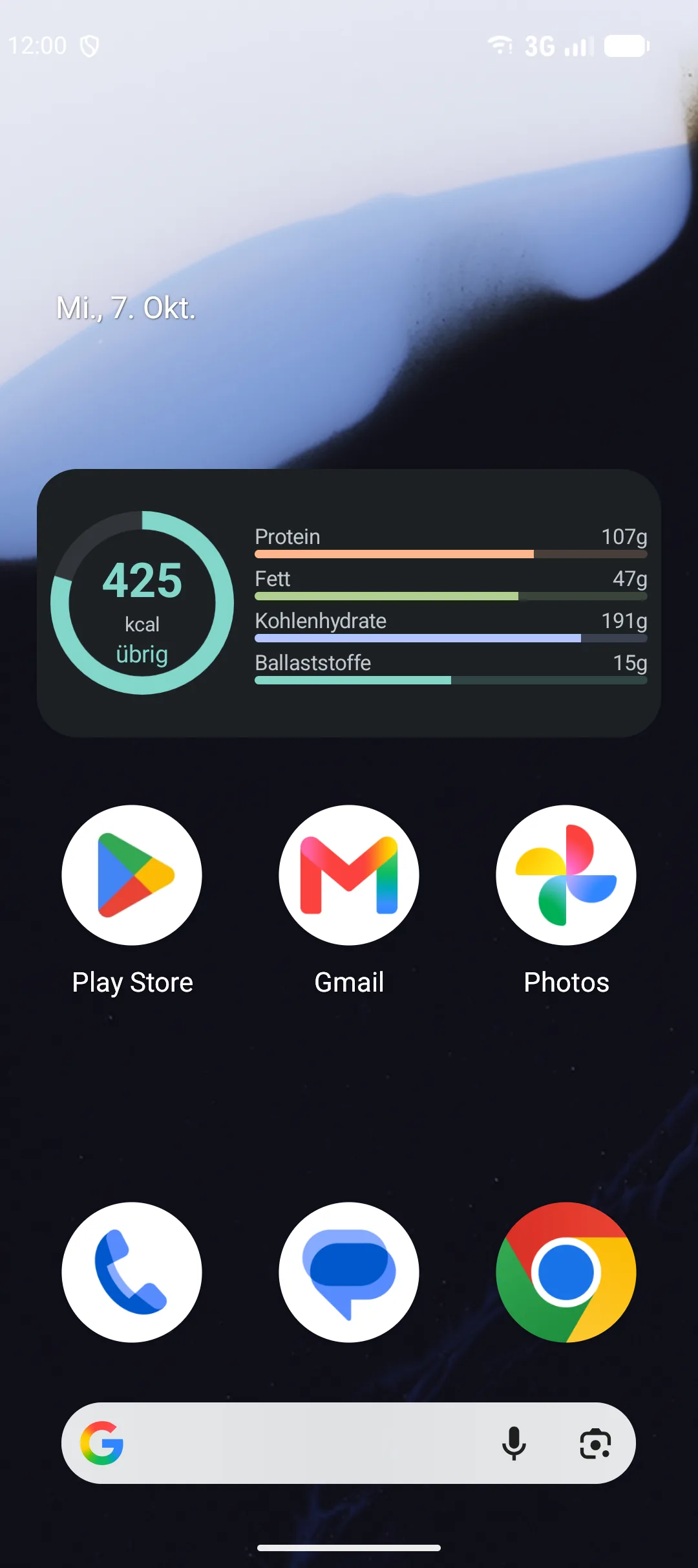Ein Android-Homescreen mit dem Calority-Widget: ein Kalorienring mit 425 kcal übrig, daneben Balken für Protein, Fett, Kohlenhydrate und Ballaststoffe