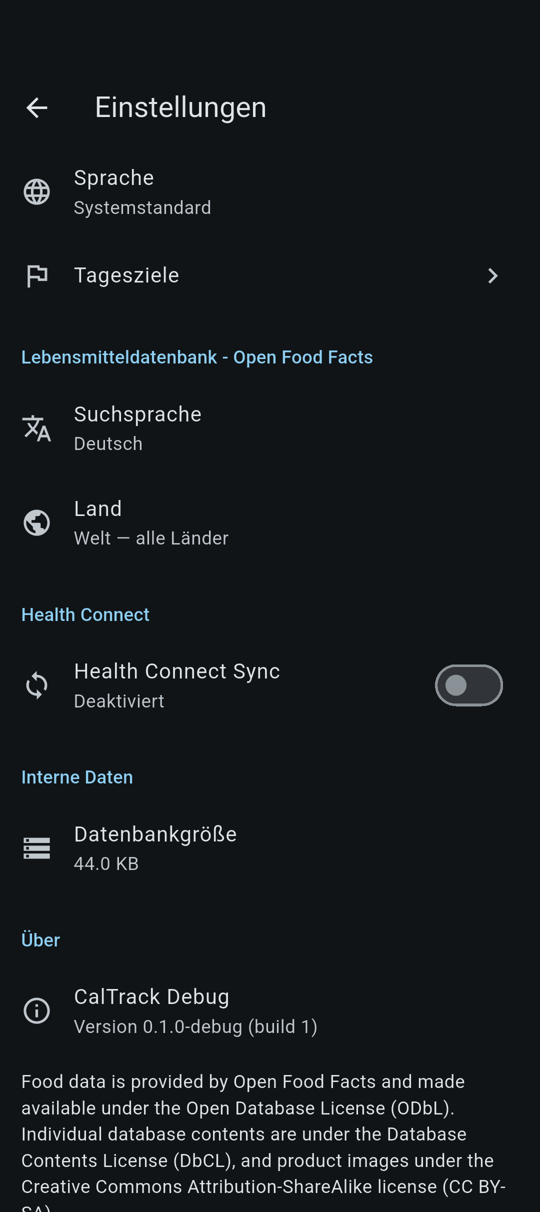 Calority Einstellungen: Sprache, Tagesziele, Open Food Facts und Health-Connect-Optionen