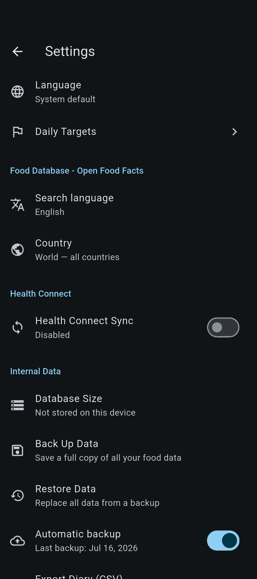 Calority settings screen: language, daily targets, Open Food Facts and Health Connect options
