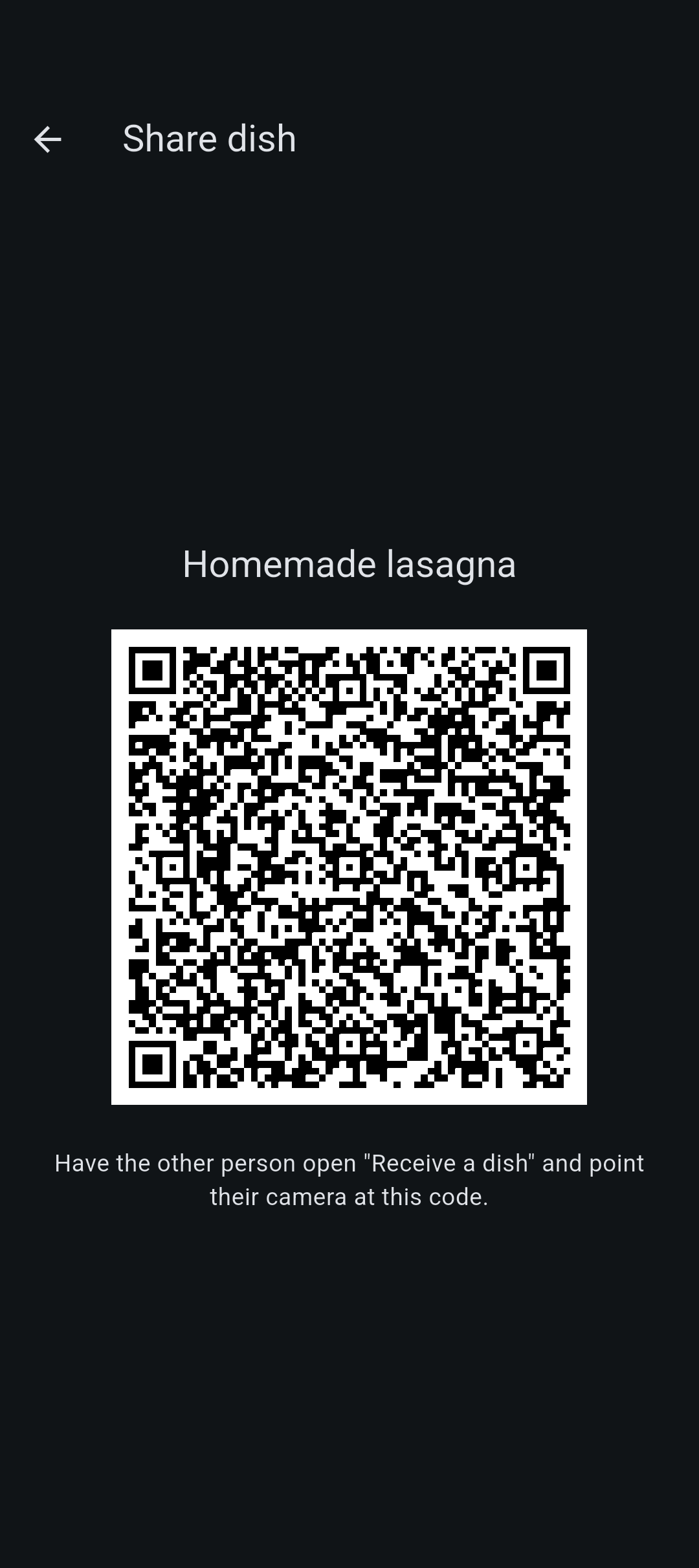 Calority share screen: a home-cooked dish offered as a QR code for another phone to scan