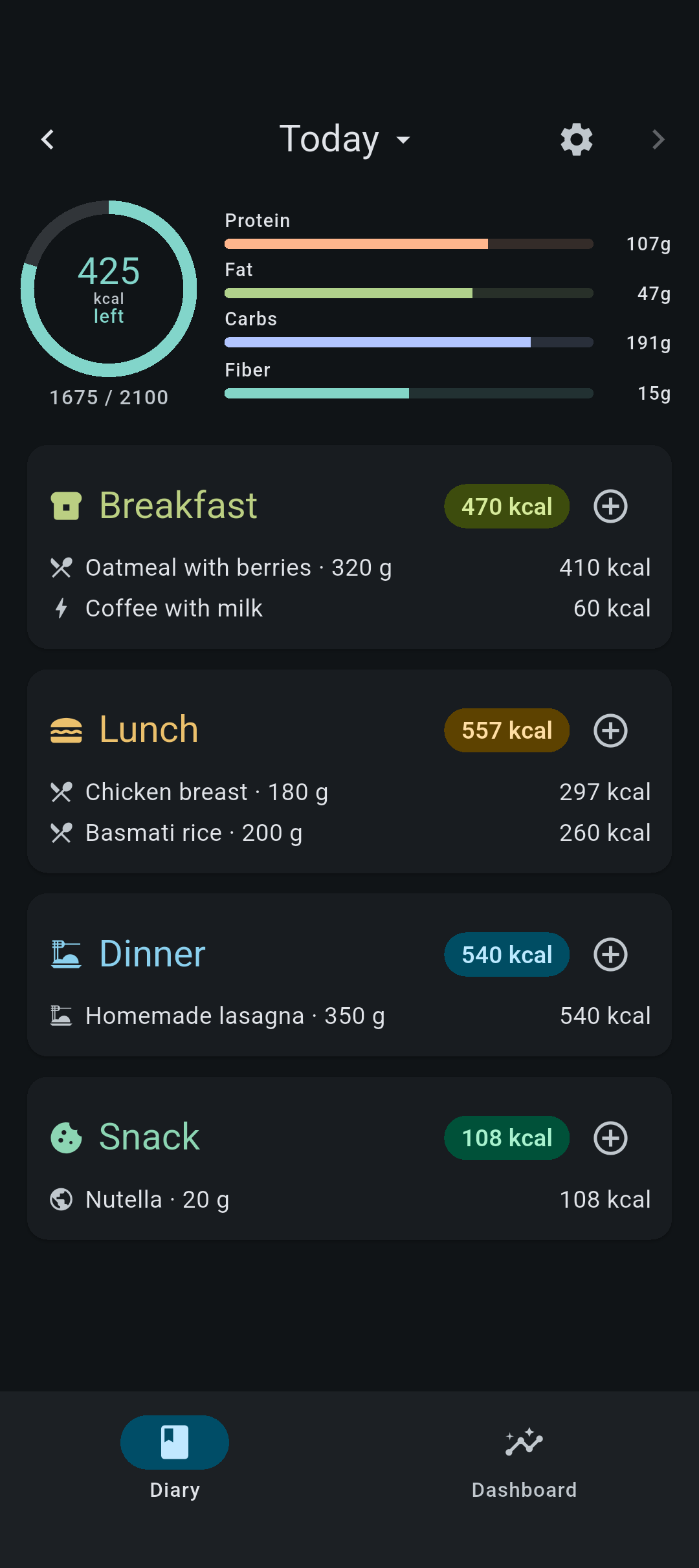 Calority diary screen: meals grouped into breakfast, lunch, dinner and snacks with calories and macro bars