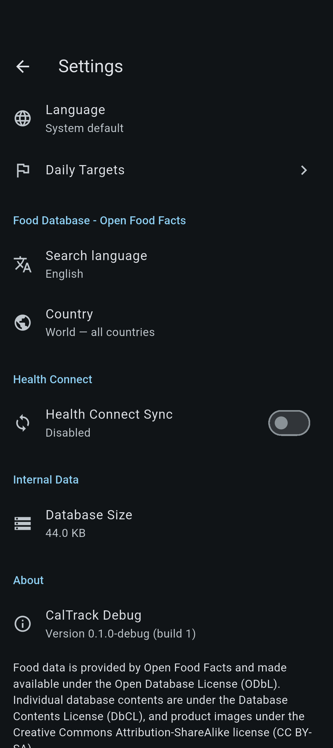 Calority settings screen: language, daily targets, Open Food Facts and Health Connect options